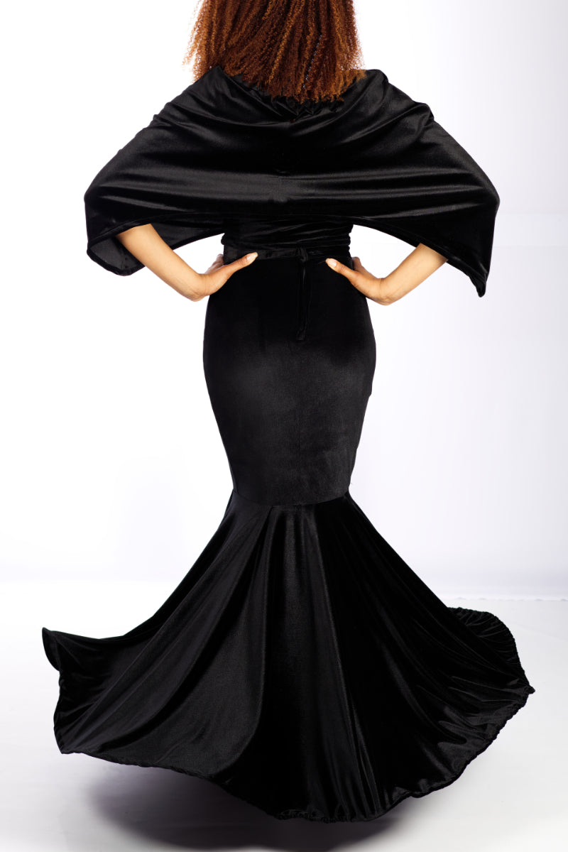 Short silk velvet cropped cape top - black