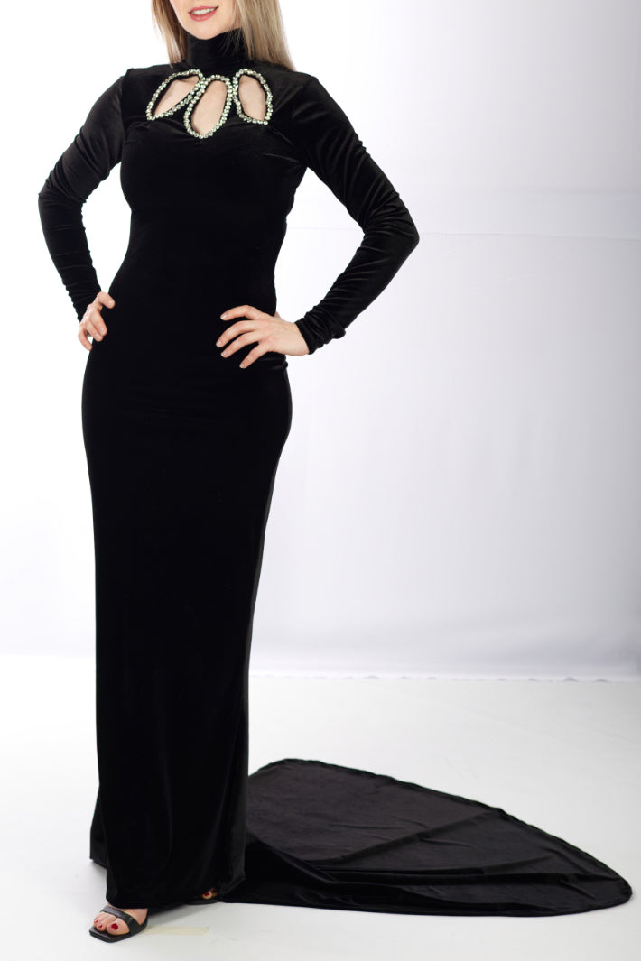 RENTAL - Silk velvet dress with train - black