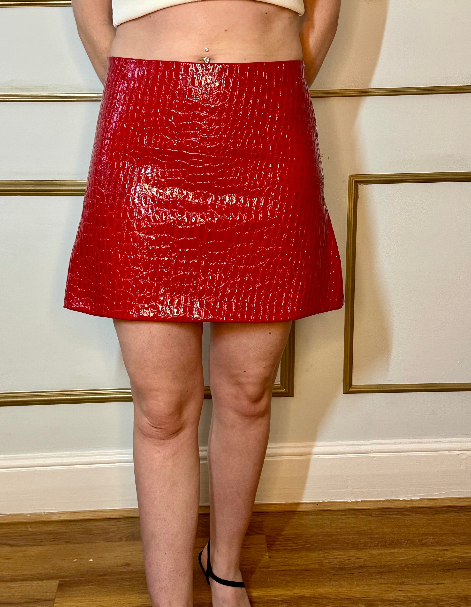 Red leather a line mini skirt